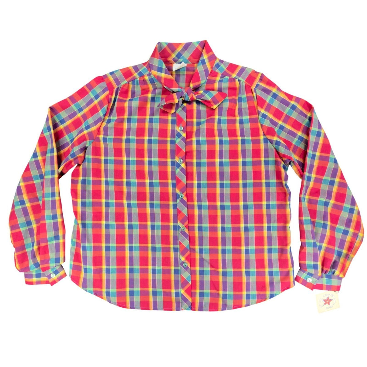 Sunny Shores Vintage 80s Bow Blouse Womens 18 Multi Plaid NWT Deadstock - take2supply