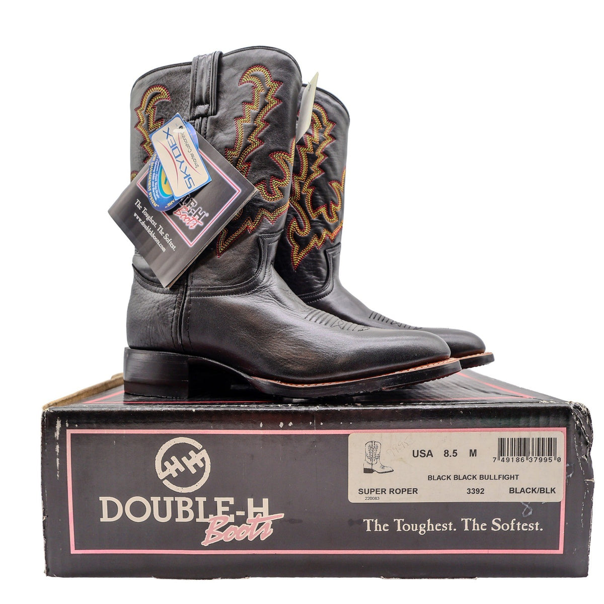 Pair of black Double-H western boots with multicolor shaft stitching displayed on a Double-H shoebox