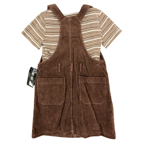 Brown Amy Too corduroy jumper dress with striped short-sleeve top, back view on hanger
