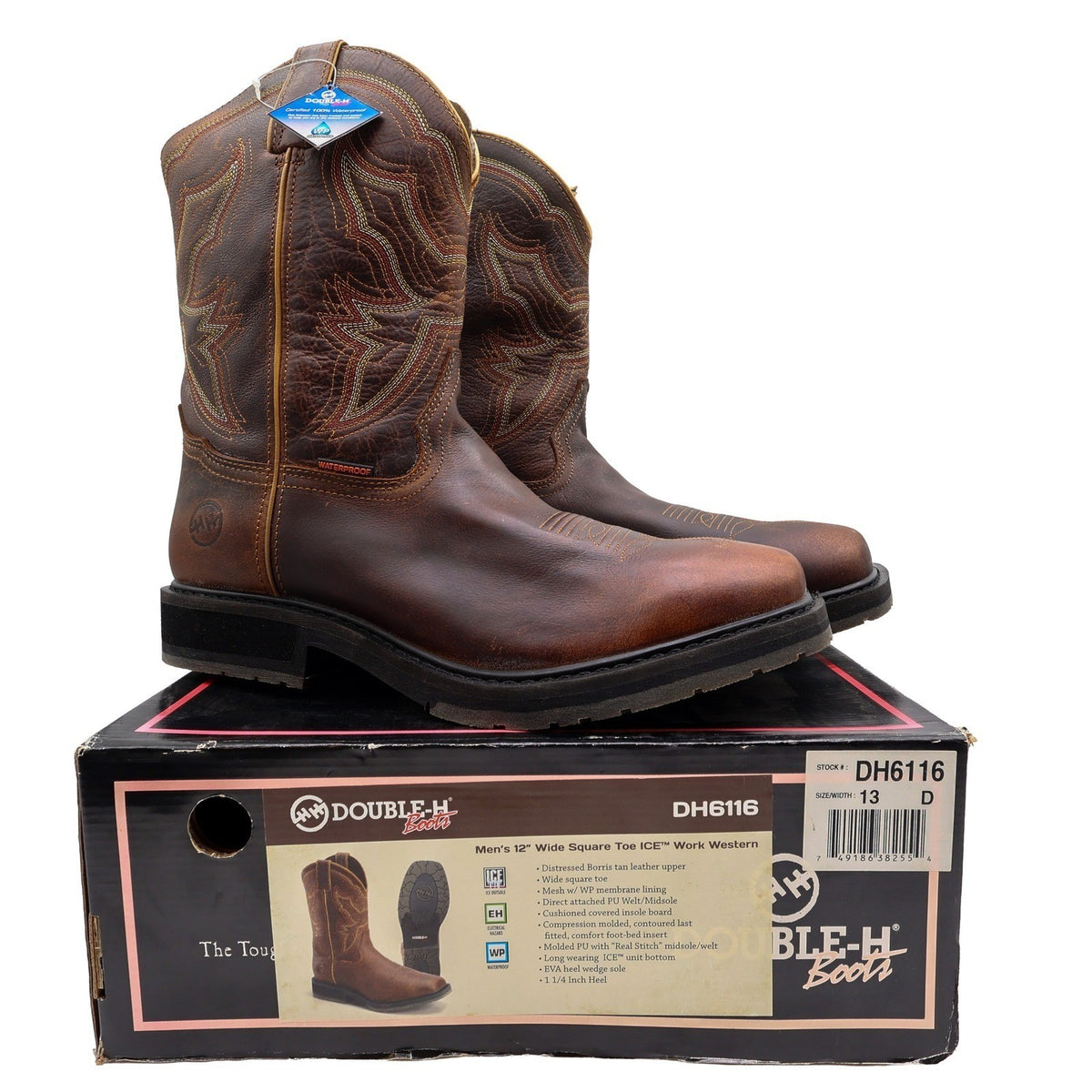Pair of brown Double-H square-toe western boots with decorative stitching displayed on a Double-H shoebox