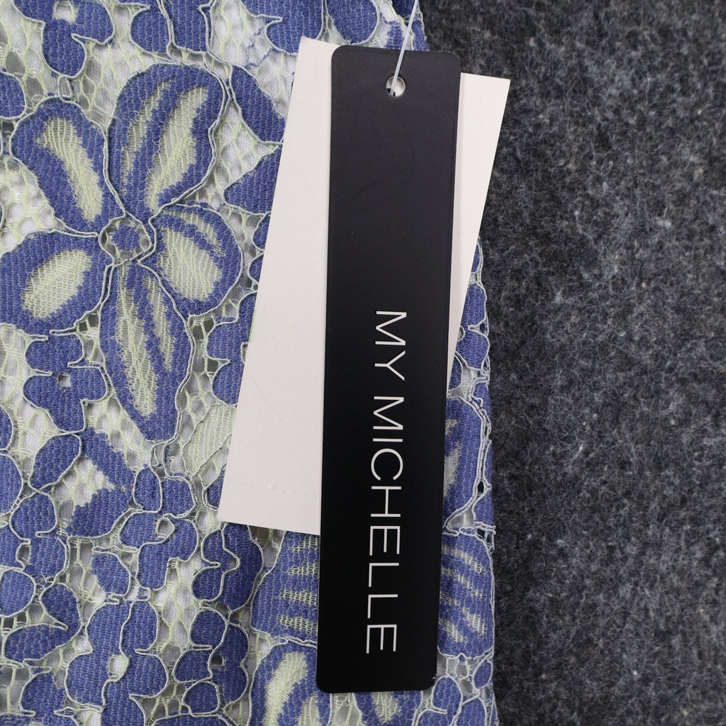 My Michelle Lace Sleeveless Top Womens Large Blue White Floral Choker Neck NWT - take2supply