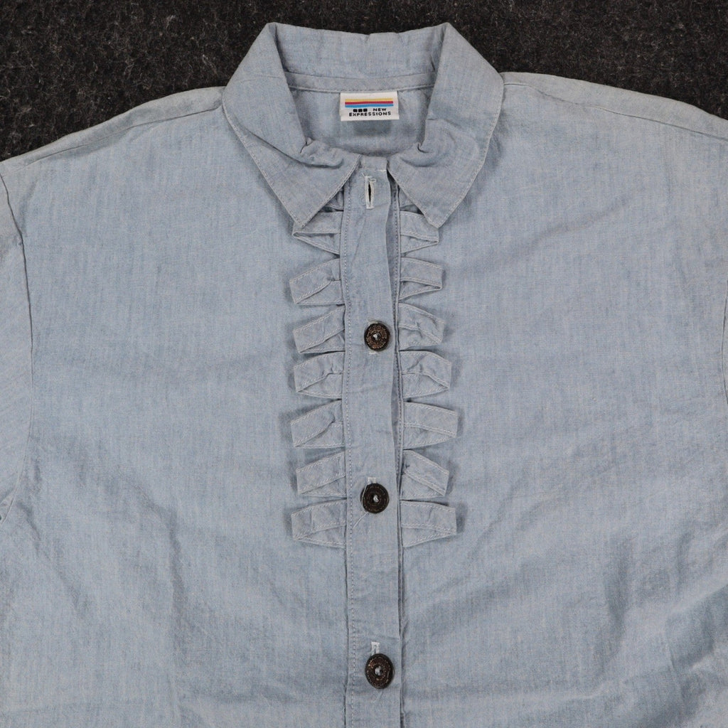New Expressions Ruffle Shirt Womens M Vintage 80s Light Blue Cotton Boxy USA - take2supply