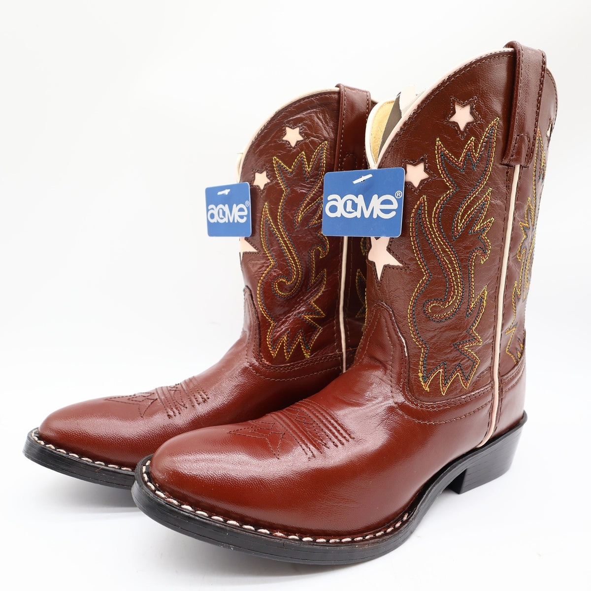 Acme Vintage Style Western Boots Kids 3 Brown Leather NWT AC146 Star Inlay - take2supply