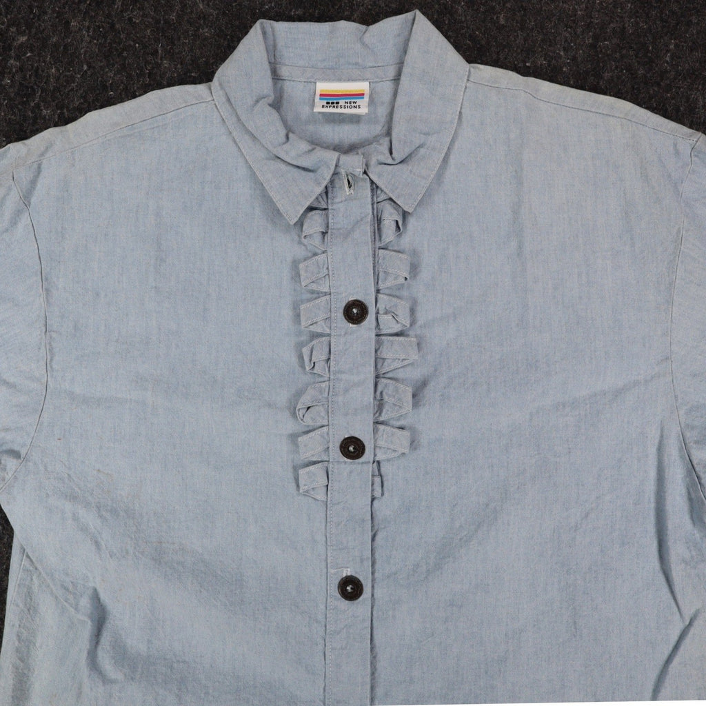 New Expressions Shirt Womens Medium Vintage Blue Cotton Ruffle Short Sleeve USA - take2supply