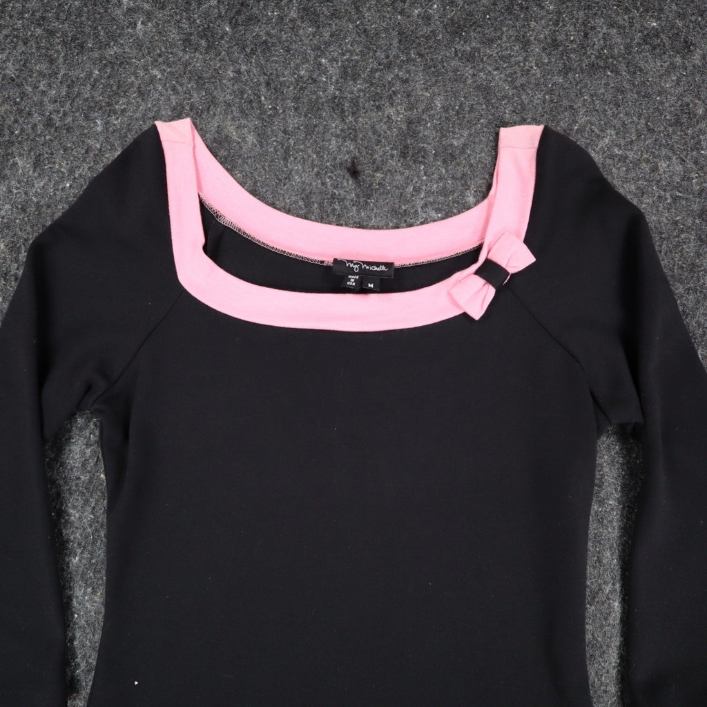My Michelle Dress Medium Black Pink Bow 3/4 Sleeve Y2K Drop Waist NWT USA Made - take2supply