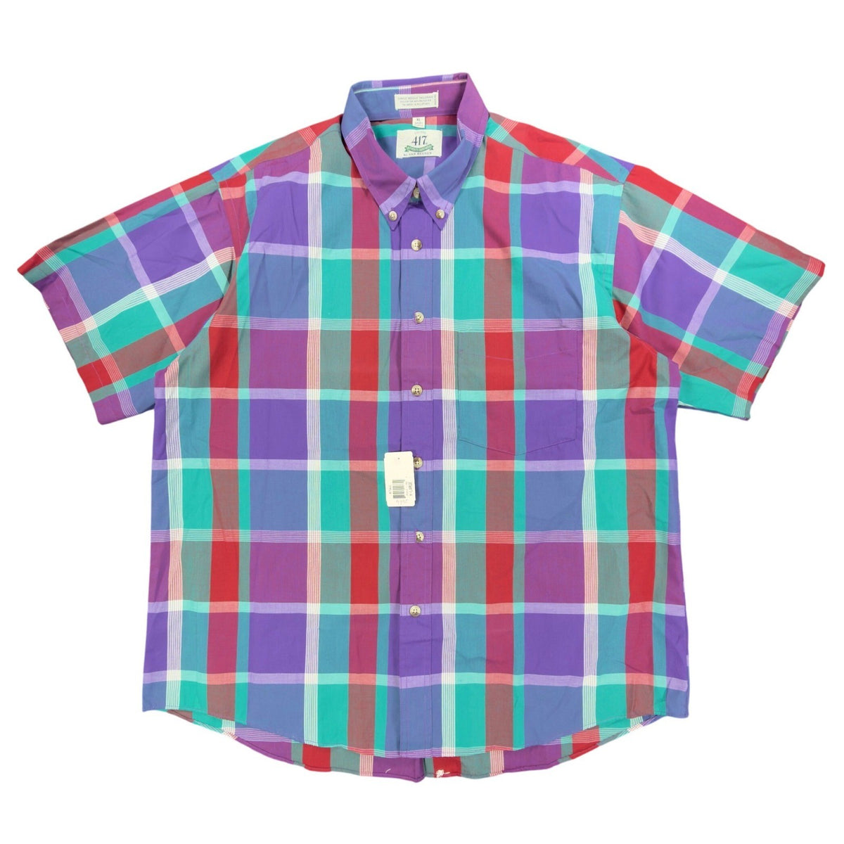 Purple, turquoise and red plaid 417 by Van Heusen shirt, full front view with short sleeves and chest pocket