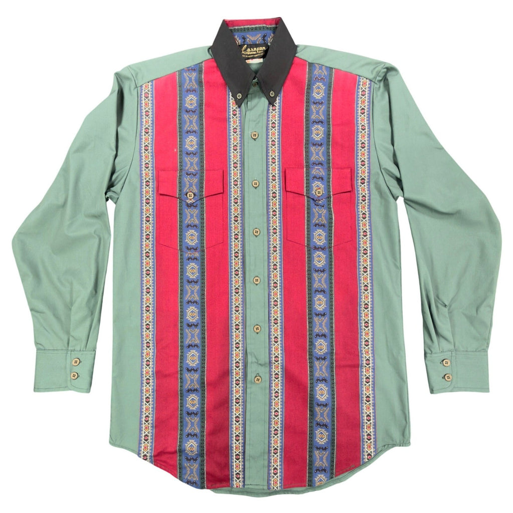 Caravan Vintage 90s Western Shirt Mens M Green Southwestern Cotton Excellent - take2supply