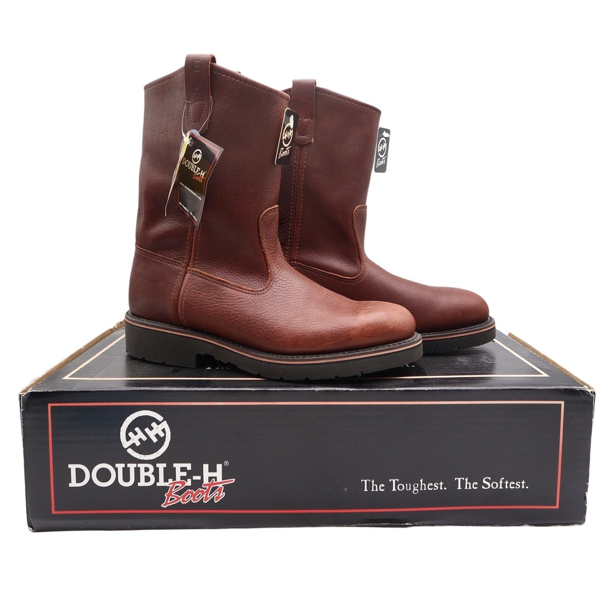Pair of brown Double-H pull-on boots displayed on a Double-H shoebox