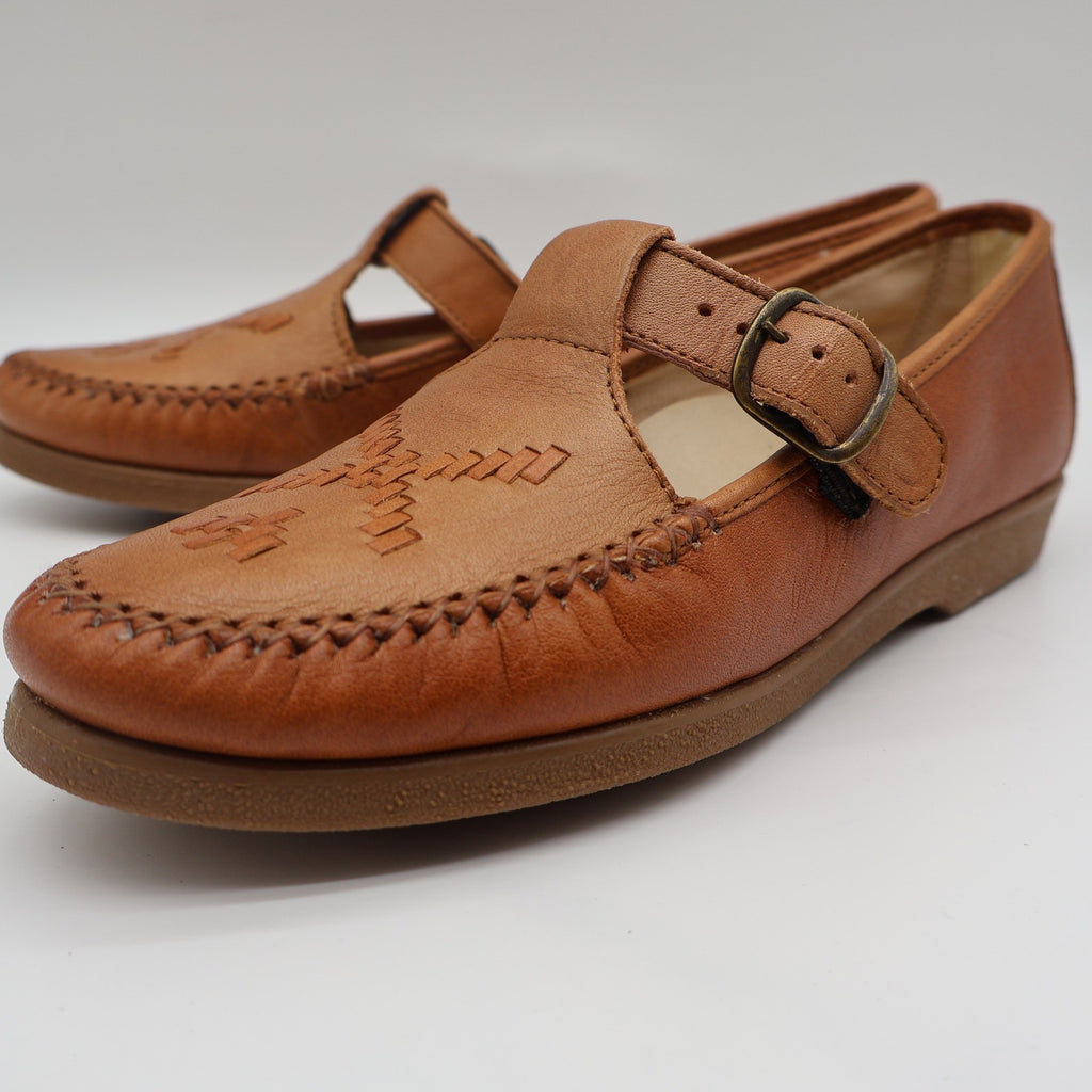 Soft Spots Reina Loafers Womens 6.5 Vintage Peanut Brown Leather T-Strap Shoes - take2supply