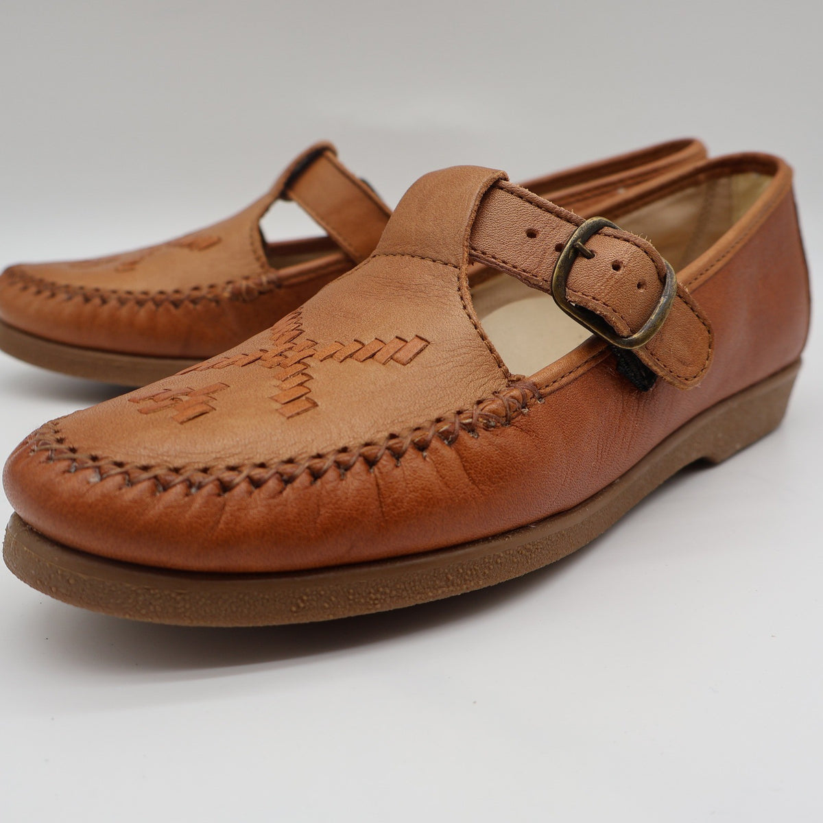 Soft Spots Reina Loafers Womens 6.5 Vintage Peanut Brown Leather T-Strap Shoes - take2supply