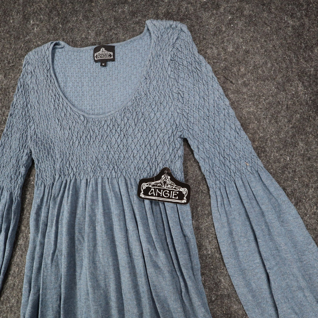 Angie Dress Womens Size M Blue Smocked Knit Bell Sleeve Mini Boho Y2K X4325 - take2supply