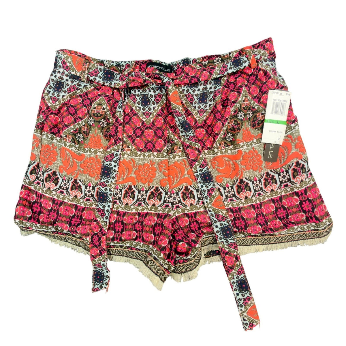 Pink and orange My Michelle paisley-print shorts with fringed hems, full front view with waist ties