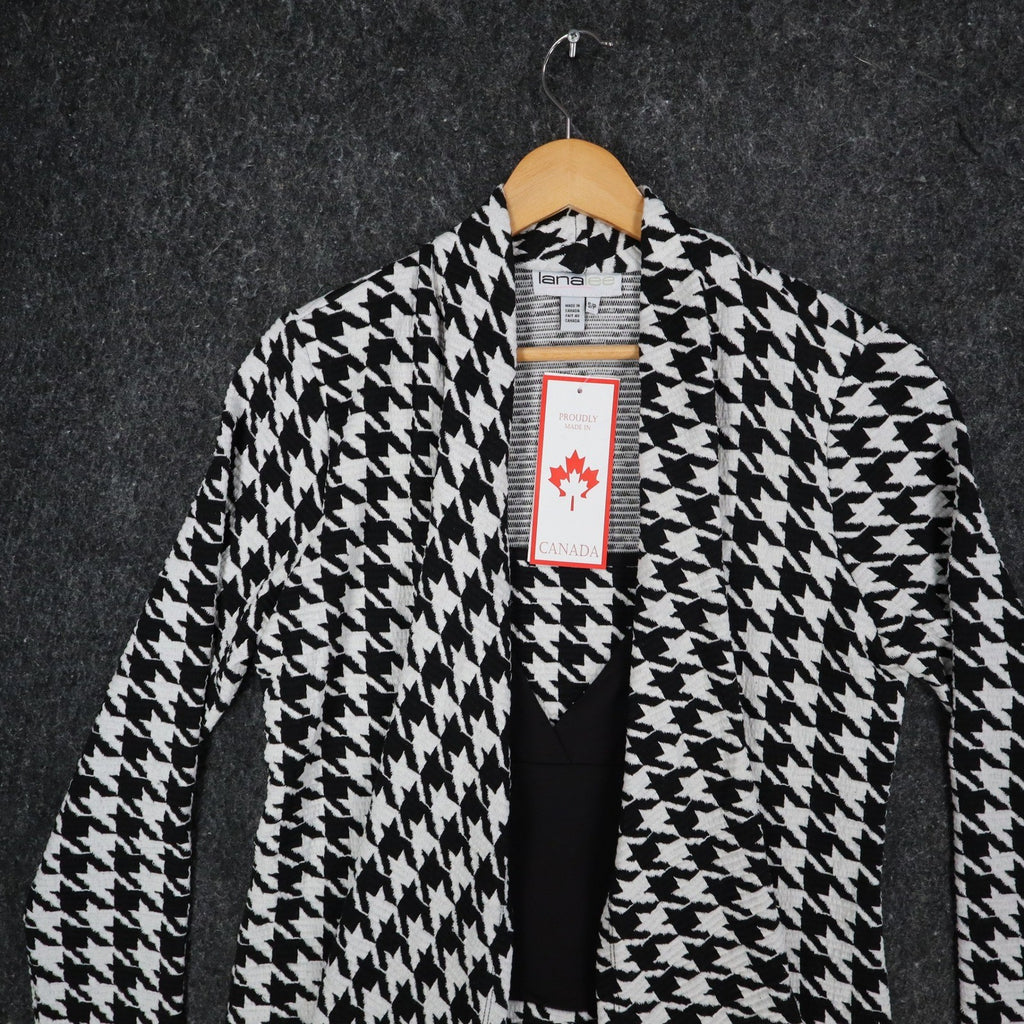 Lanalee Cardigan Women Small Black White Houndstooth Open Front Made in Canada - take2supply