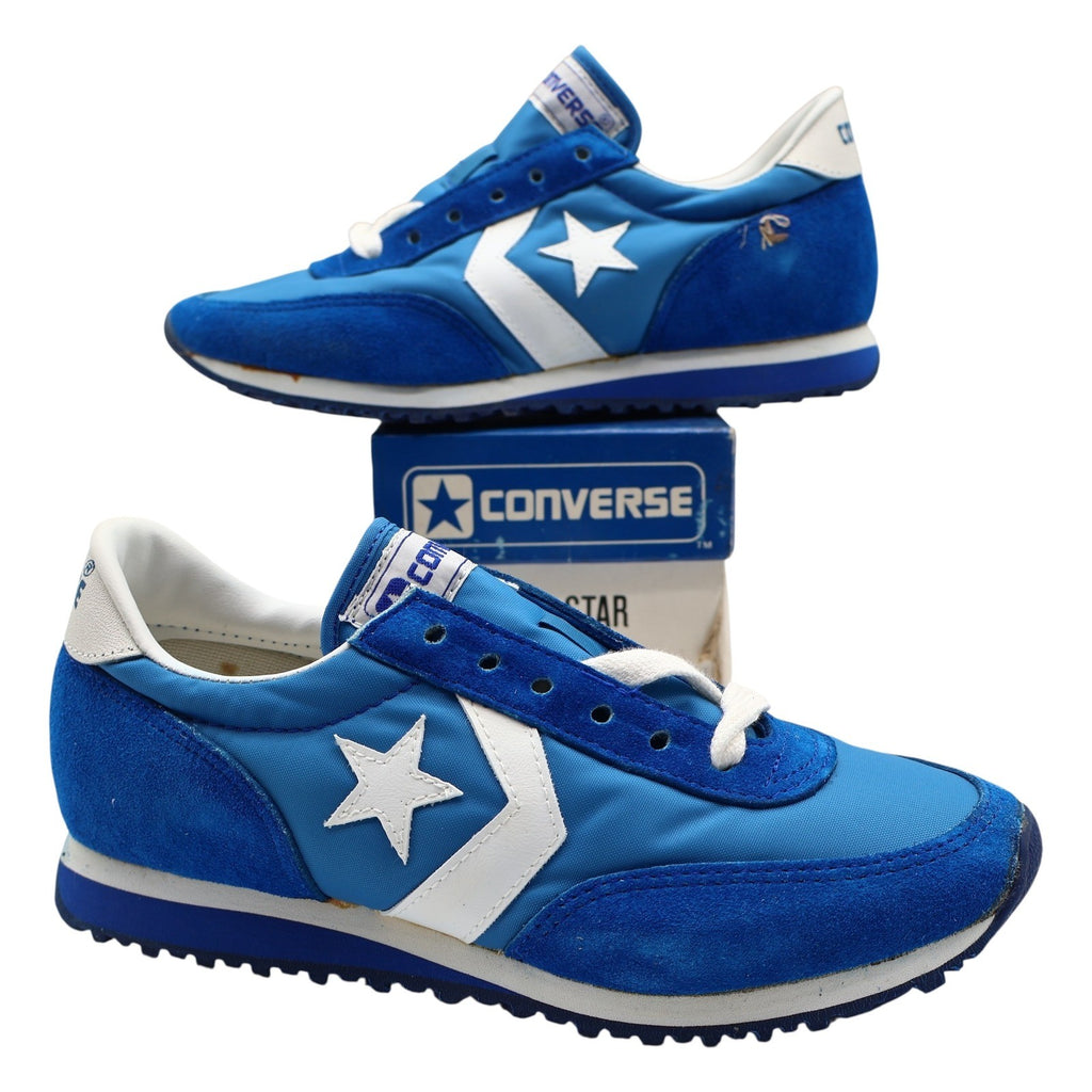 Converse Road Star Boys Size 3.5 Vintage 80s Blue White Nylon Suede Sneakers - take2supply