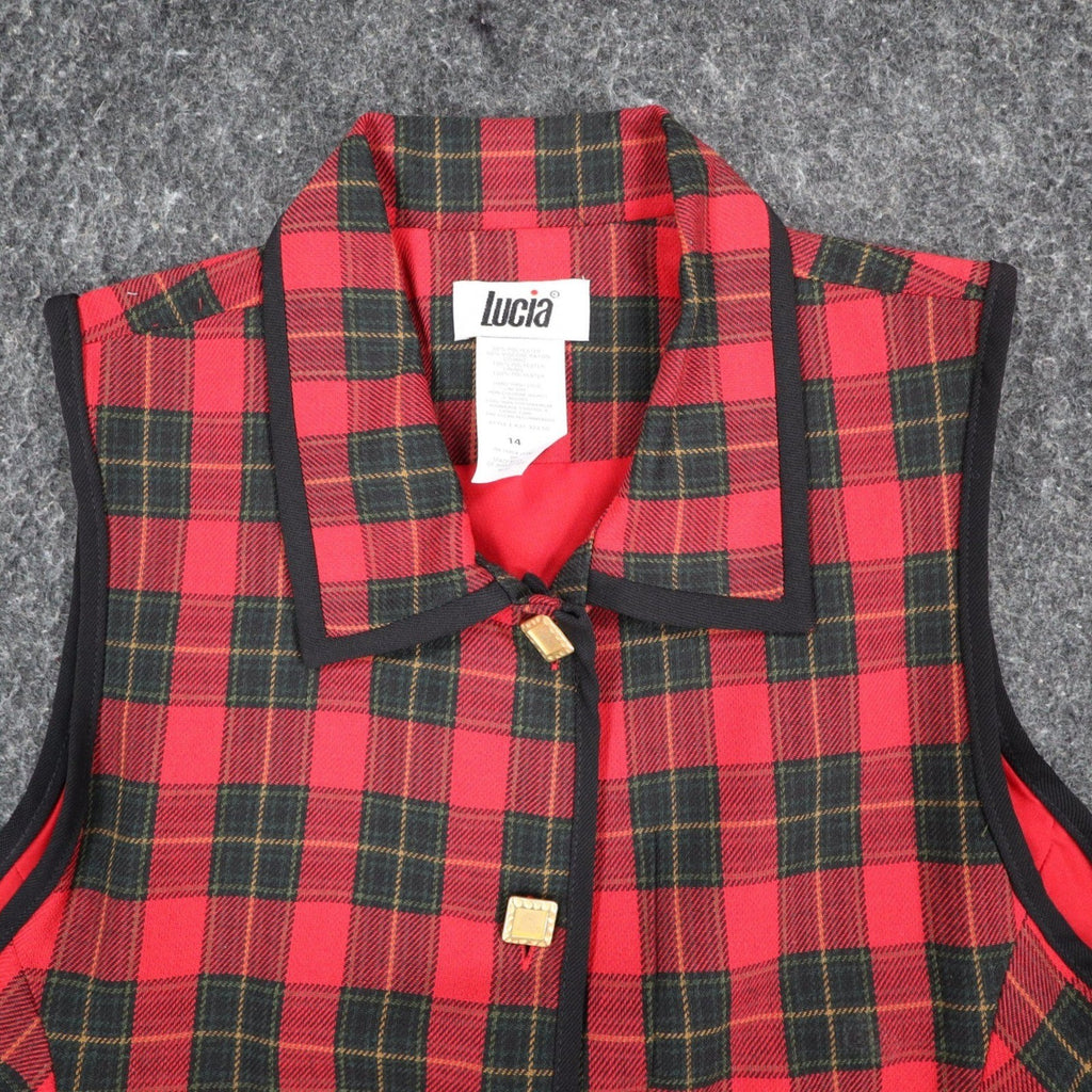Lucia Plaid Vest Womens 14 Vintage 90s Red Tartan Gold Button Made in USA NWT - take2supply