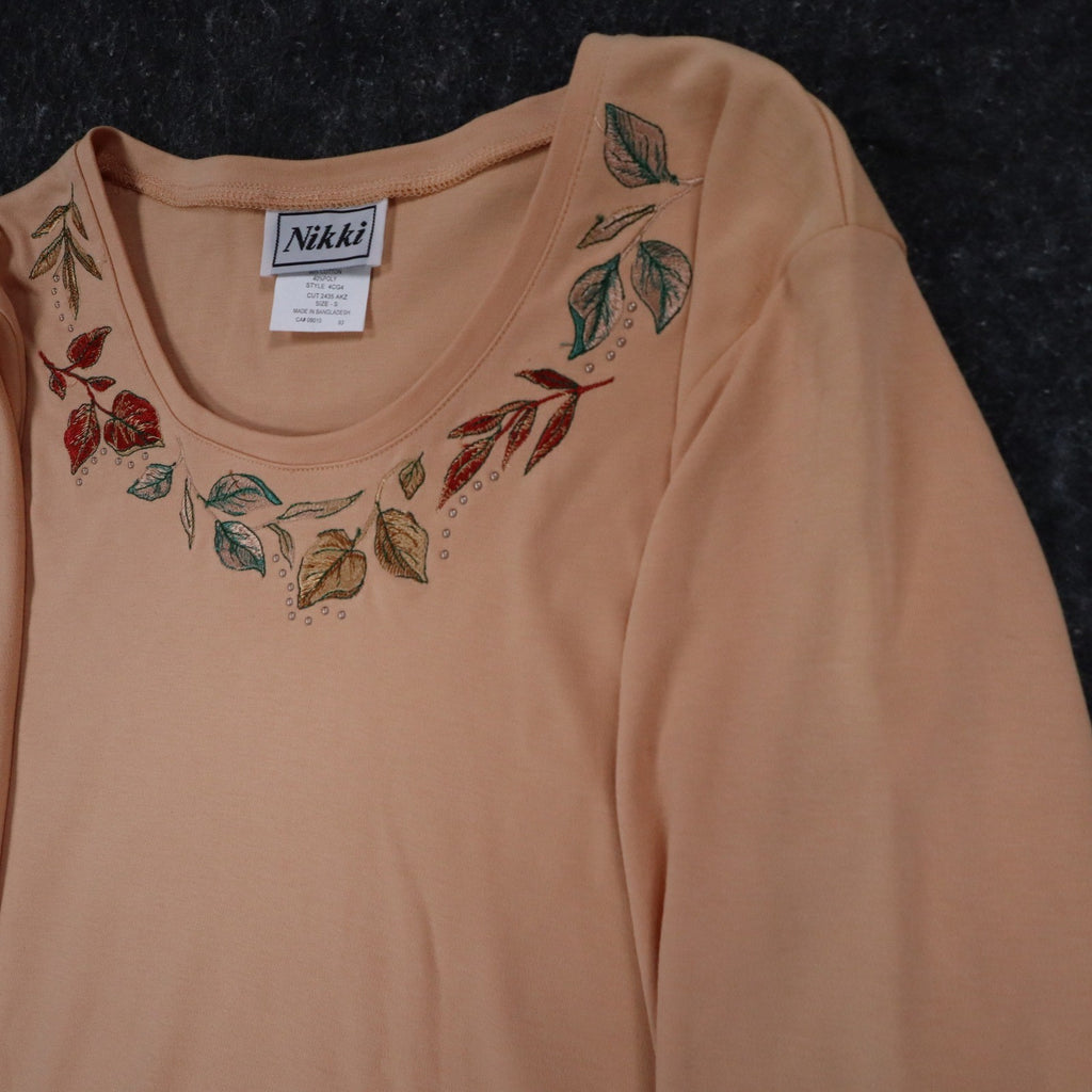 Nikki 3/4 Sleeve Top Womens Small Sandy Peach Embroidered Leaf Rhinestone NWT - take2supply