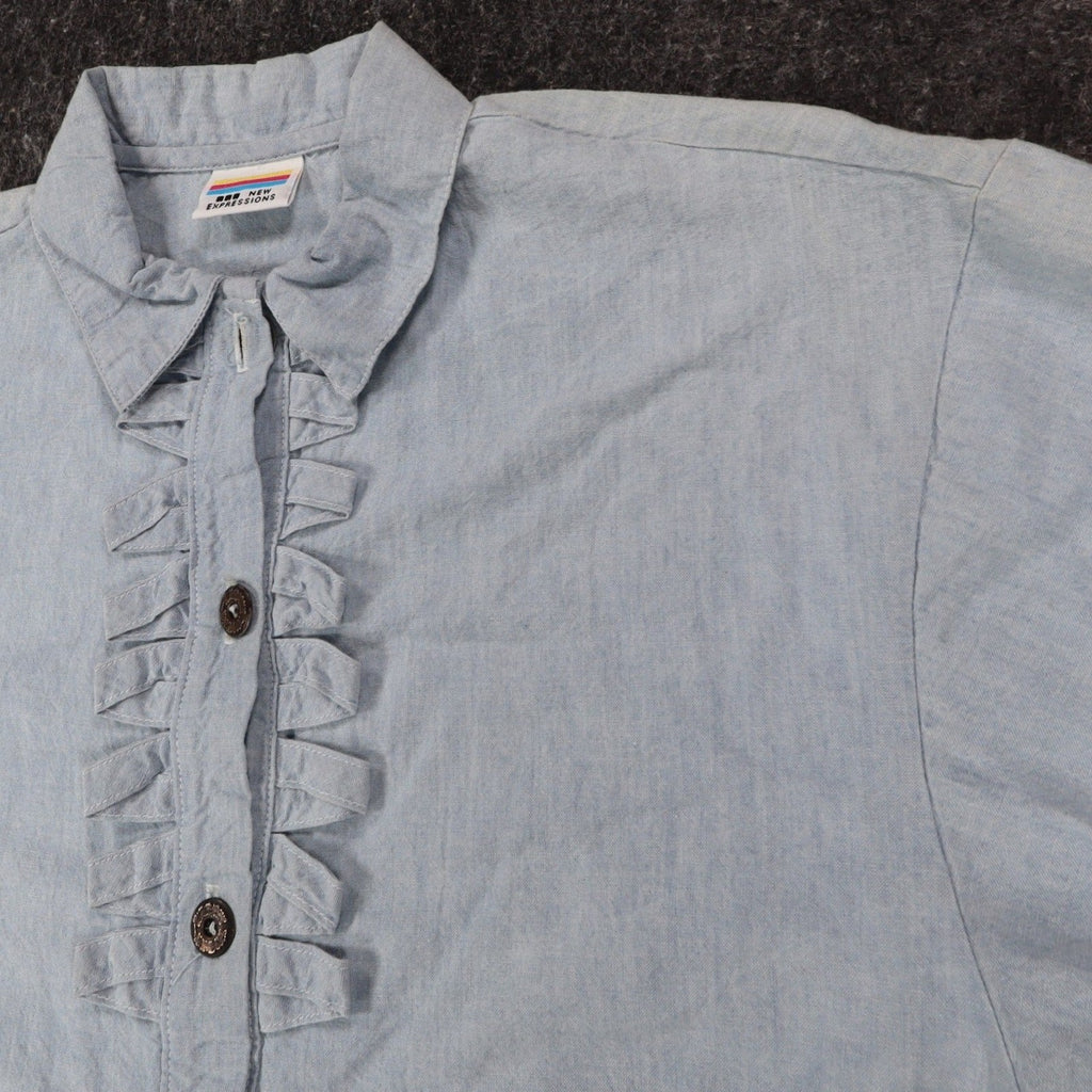 New Expressions Ruffle Shirt Womens M Vintage 80s Light Blue Cotton Boxy USA - take2supply