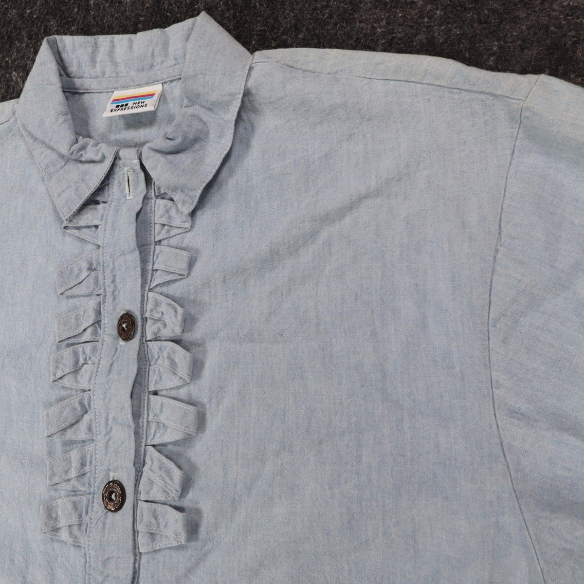New Expressions Ruffle Shirt Womens M Vintage 80s Light Blue Cotton Boxy USA - take2supply