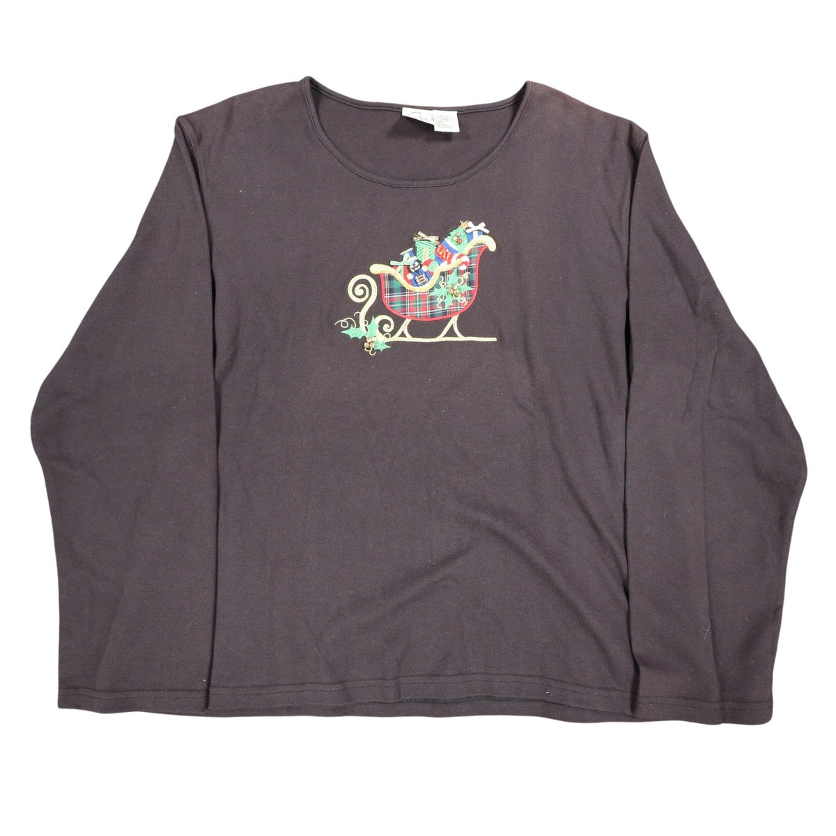 Peanut Butter & Jelly Women XL Brown Cotton Christmas Sleigh Long Sleeve Top - take2supply