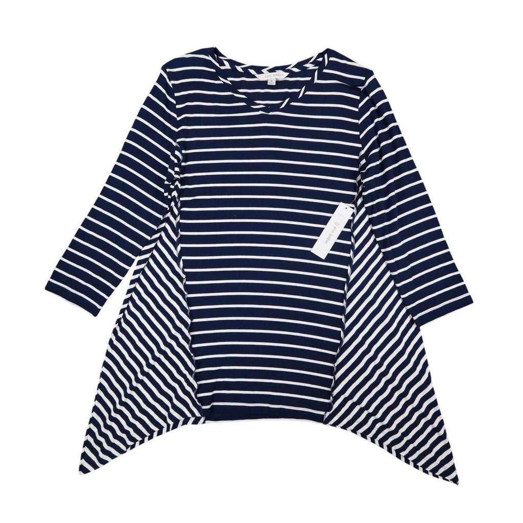 Erin London Tunic Top Womens Medium Navy Blue White Striped Sharkbite Hem NWT - take2supply