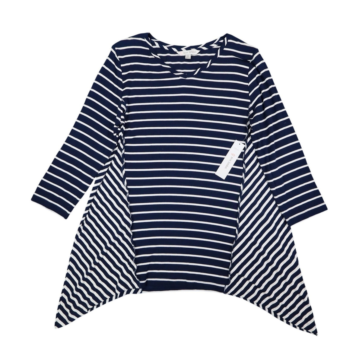 Erin London Tunic Top Womens Medium Navy Blue White Striped Sharkbite Hem NWT - take2supply
