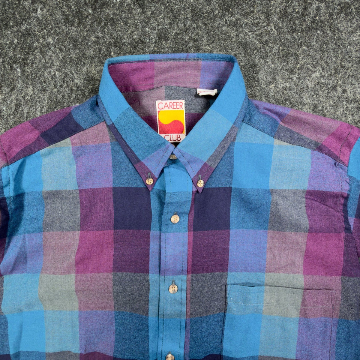 Career Club Vintage 90s Plaid Button Down Mens M Blue Purple Excellent - take2supply