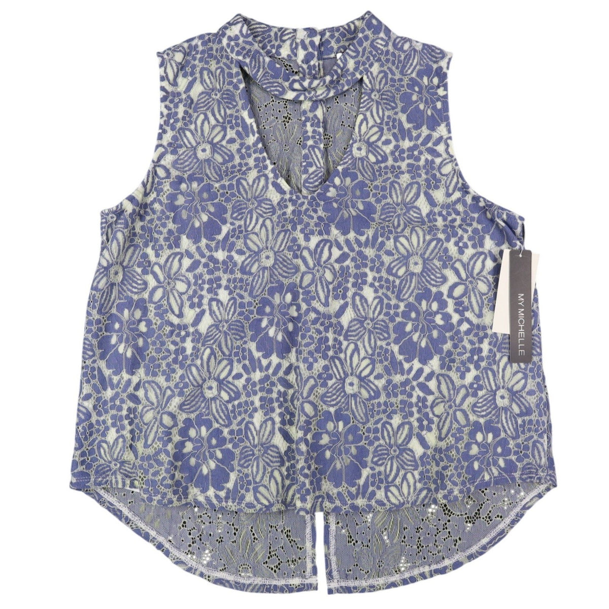 My Michelle Lace Sleeveless Top Womens Large Blue White Floral Choker Neck NWT - take2supply