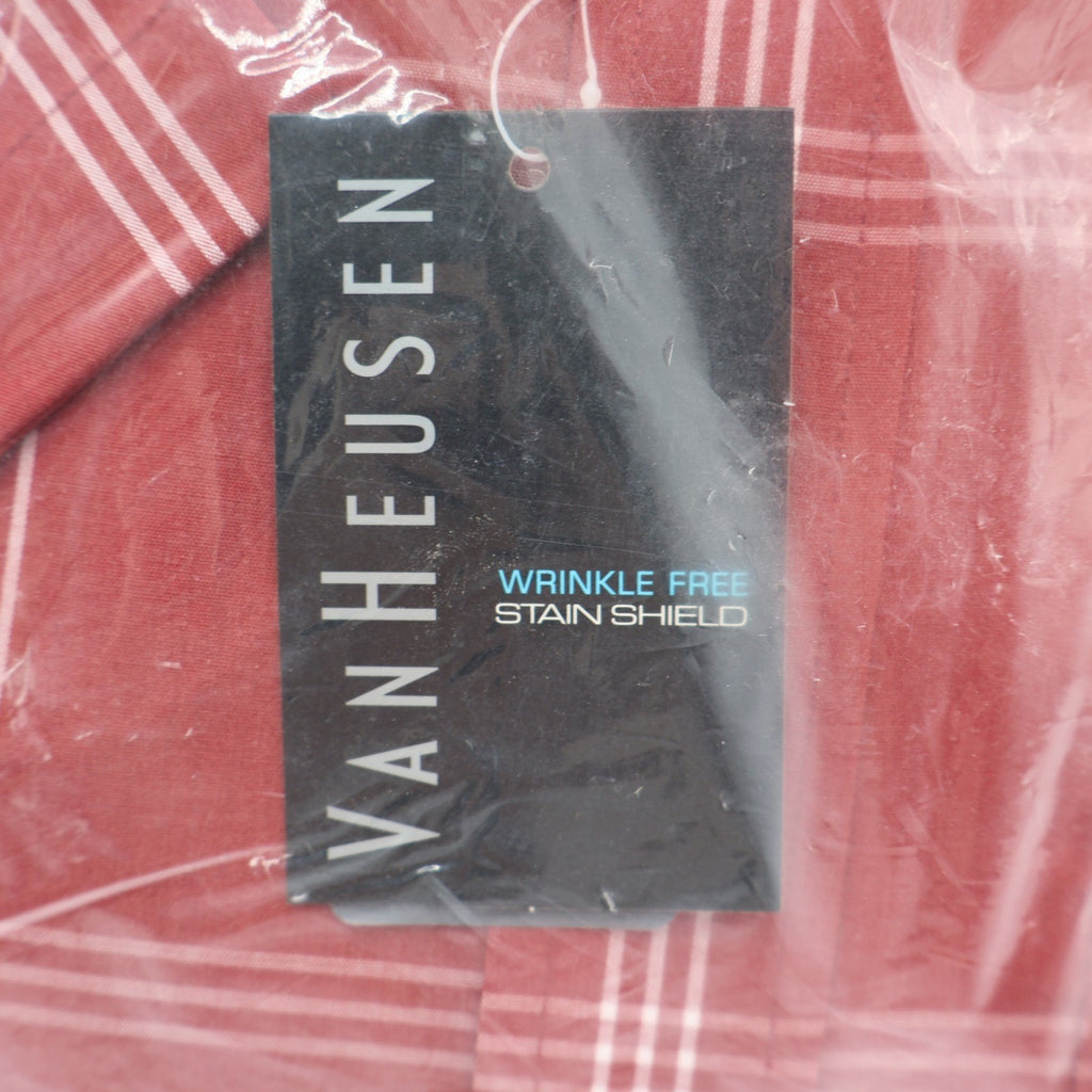 Van Heusen Shirt Mens Medium Red Plaid Short Sleeve Wrinkle Free Stain Shield - take2supply