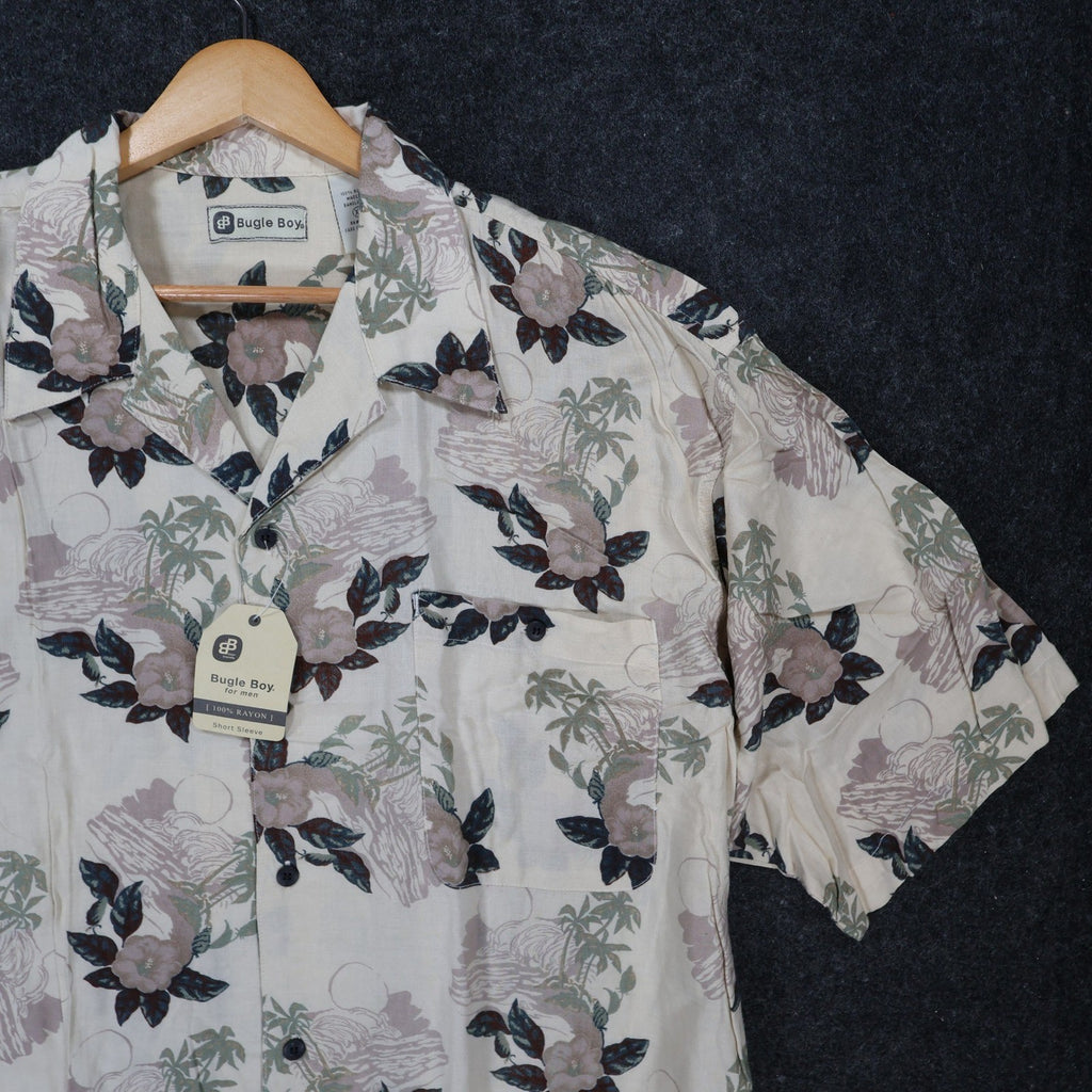 Bugle Boy Button Up Shirt Mens XL Beige New Tropical Floral Rayon Short Sleeve - take2supply
