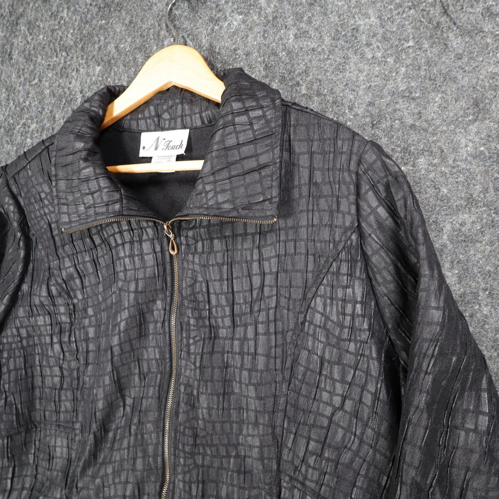 N Touch Zip Up Jacket Womens 14 Black Textured Crinkle Mock Neck New NWT - take2supply