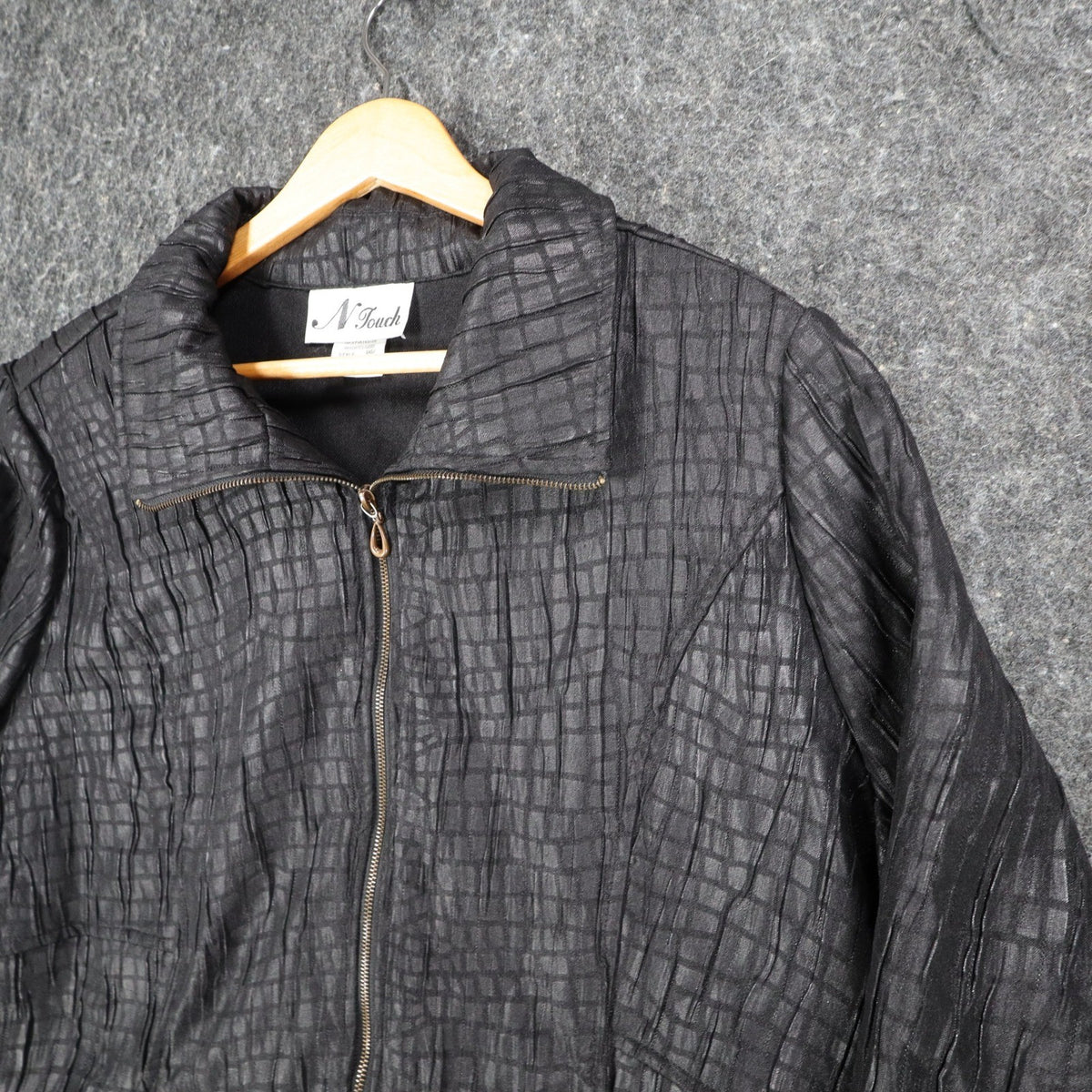 N Touch Zip Up Jacket Womens 14 Black Textured Crinkle Mock Neck New NWT - take2supply