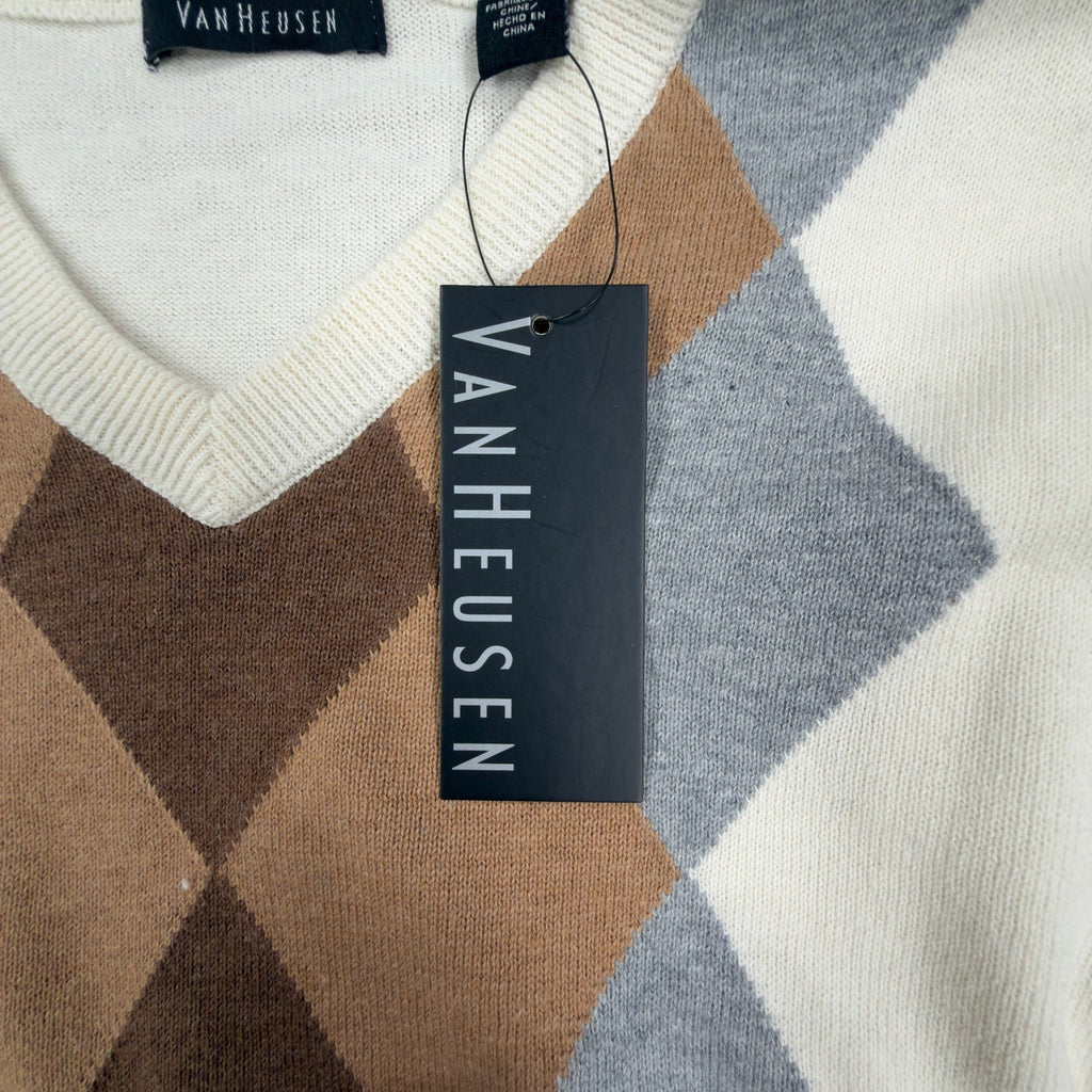Van Heusen Argyle V-Neck Sweater Mens XL Cream Brown Grey Cotton NWT - take2supply