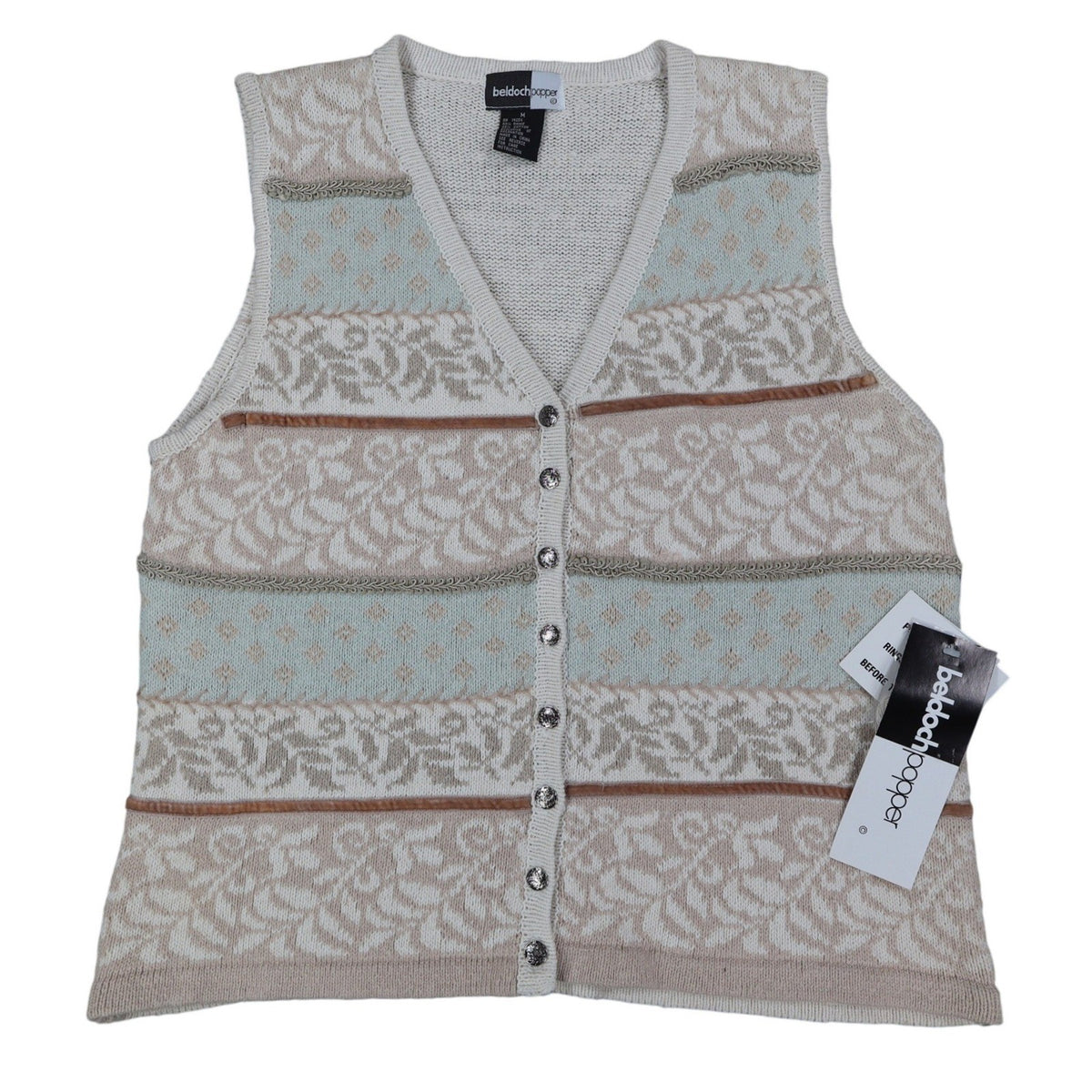 Front of a cream Beldoch Popper button-front knit vest with pastel patterned bands