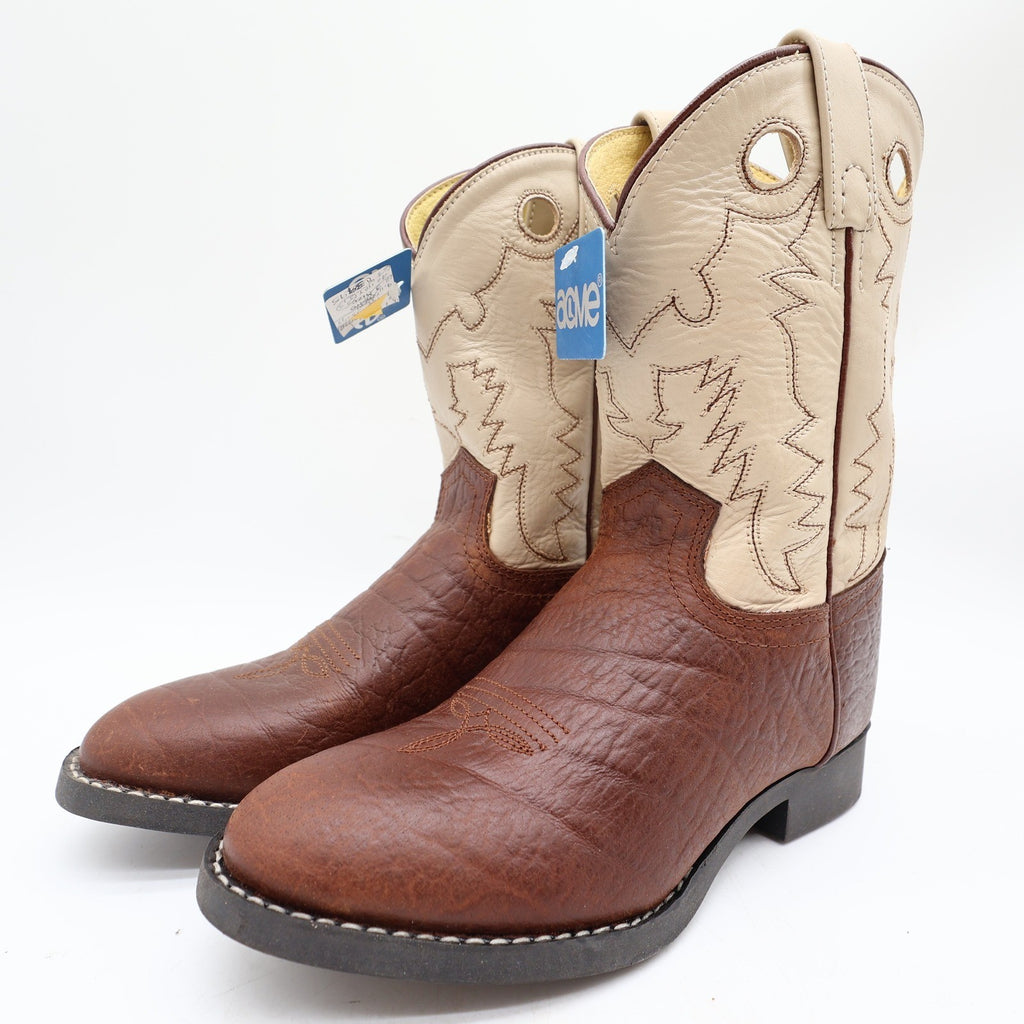 Acme Vintage Cowboy Boots Boys 2 Brown Cream Bullhide Roper NWT Deadstock - take2supply