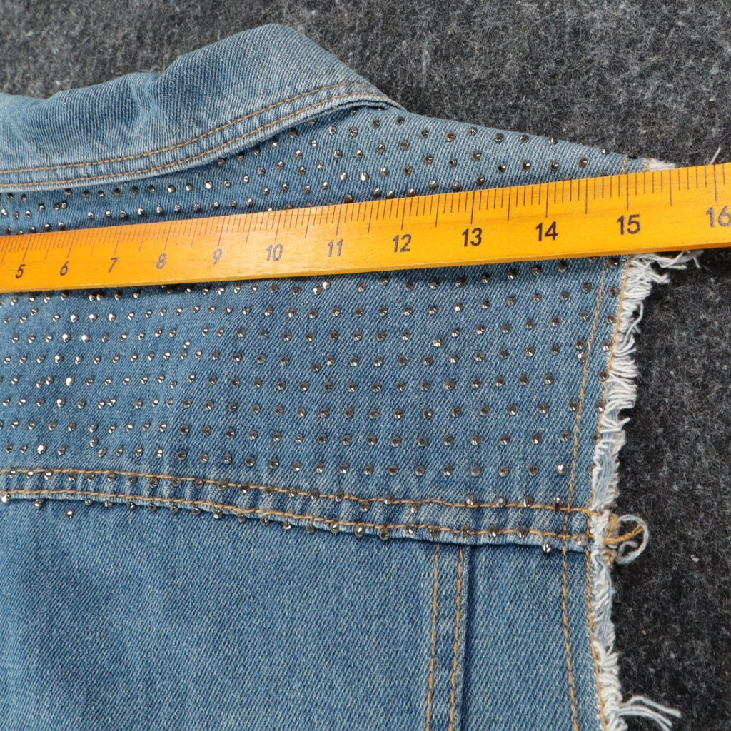 Vocal Denim Vest Womens Large Blue Light Wash Rhinestone Studded Frayed Y2K - take2supply