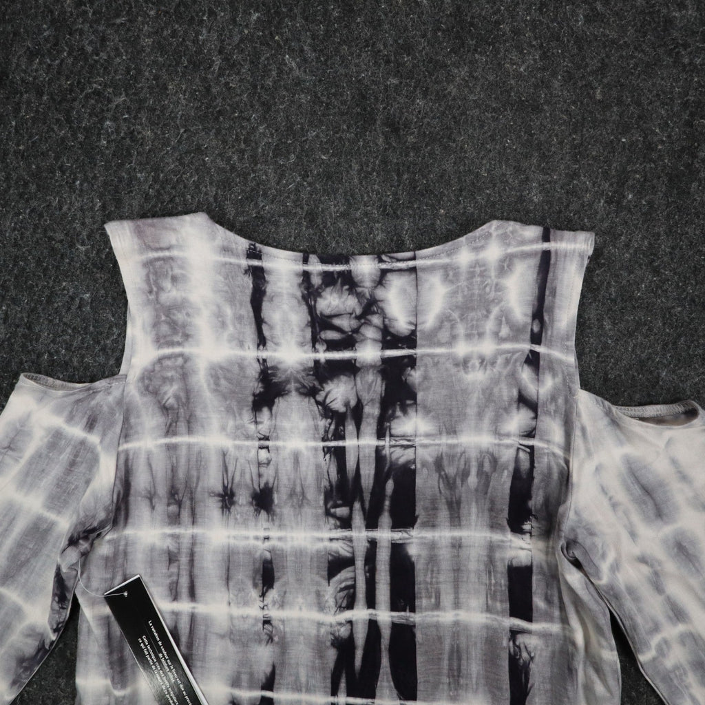 Tribal Cold Shoulder Top Womens Small Gray White Tie Dye Rayon Stretch V-Neck - take2supply