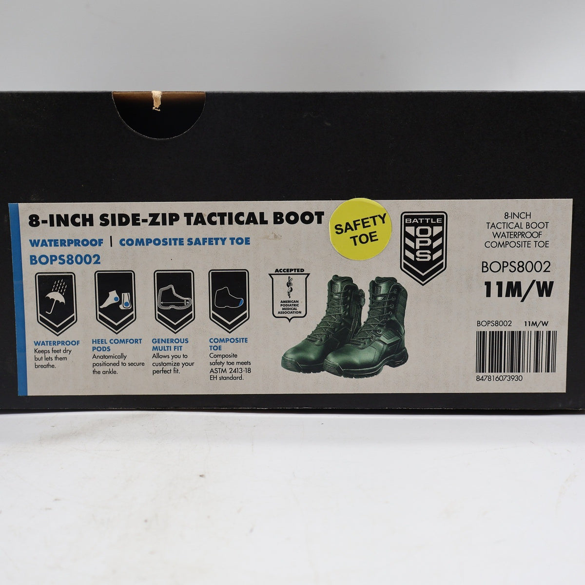 Battle Ops Tactical Boot Mens 11 8-Inch Side-Zip Waterproof Composite Toe Black