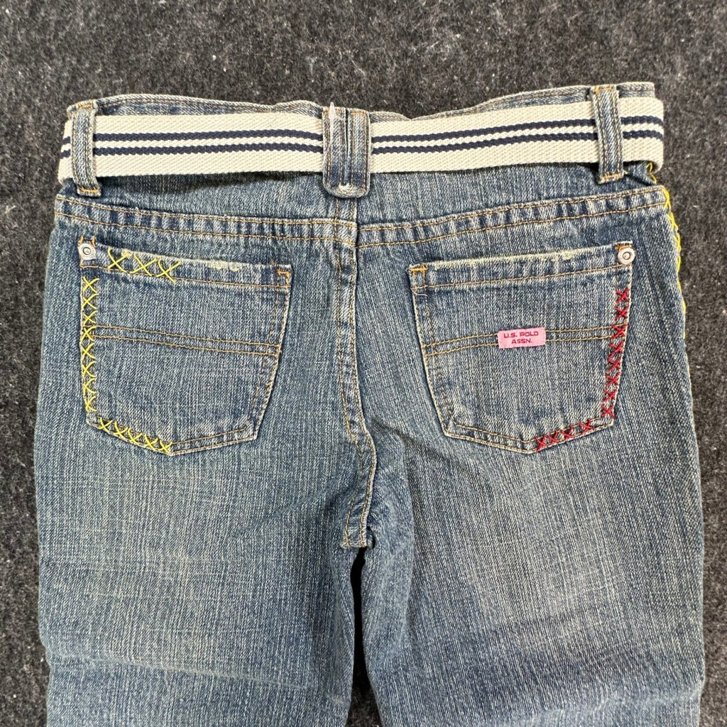 US Polo Assn Y2K Butterfly Jeans Girls 12 Blue Denim Flare Belted USPA NWT - take2supply