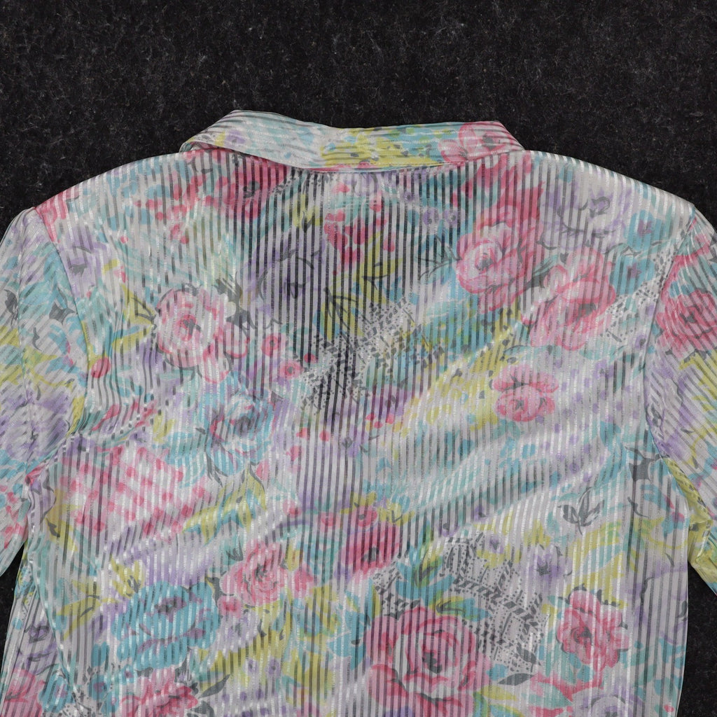 Donnkenny Blouse Womens 12 Vintage 90s Pastel Floral Sheer Stripe Button Up USA - take2supply