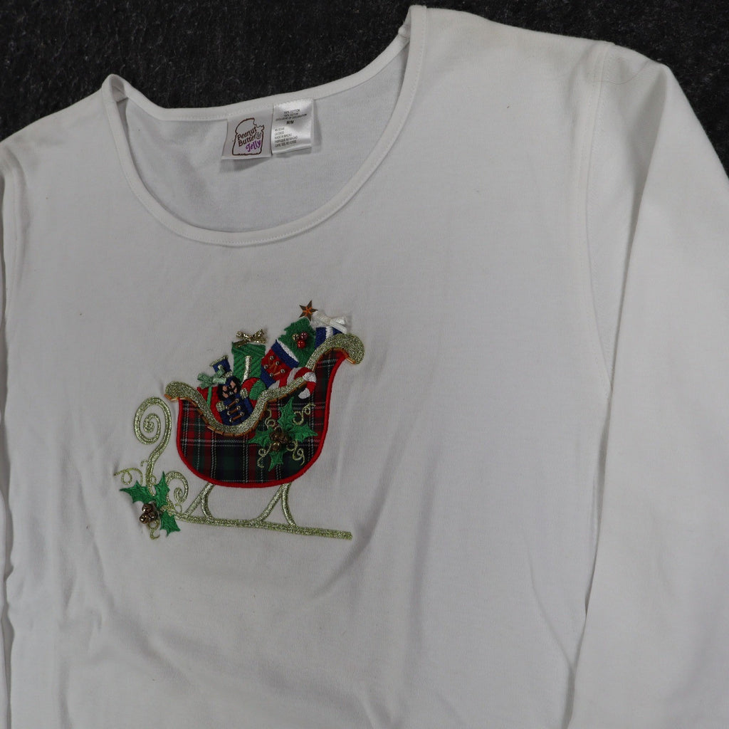 Peanut Butter & Jelly Shirt Womens Medium White Holiday Christmas Sleigh Beaded - take2supply