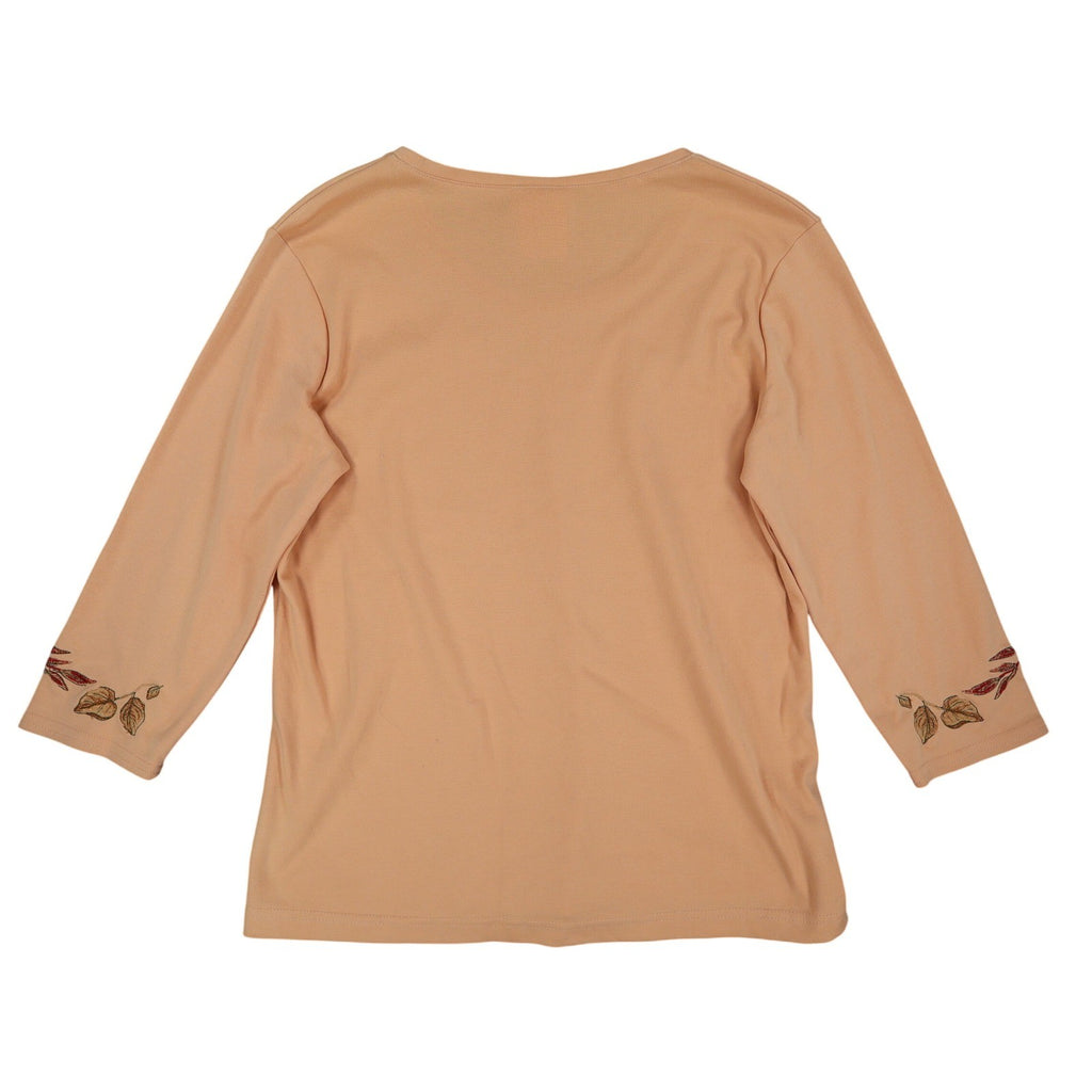 Nikki 3/4 Sleeve Top Womens Small Sandy Peach Embroidered Leaf Rhinestone NWT - take2supply