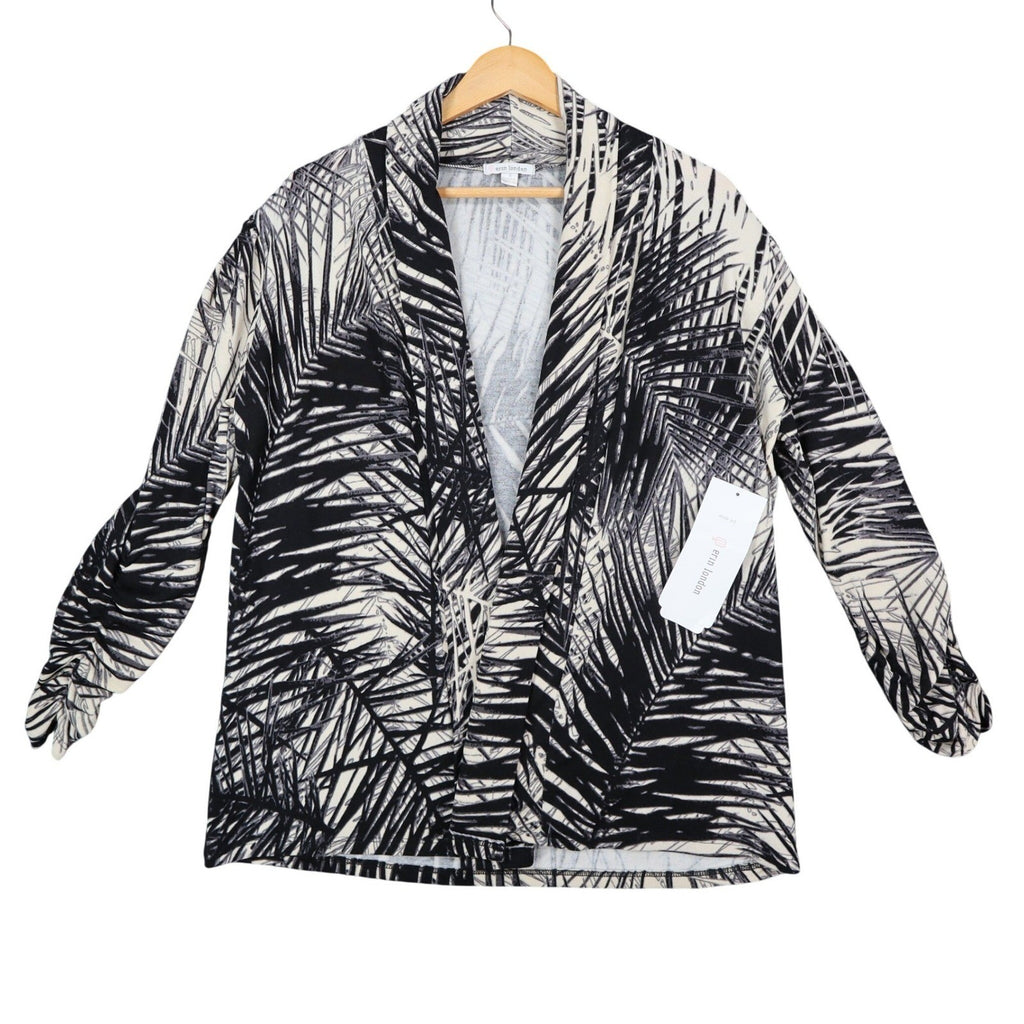 Erin London Cardigan Small Black Cream Palm Leaf Ruched Sleeve Open Front NWT - take2supply