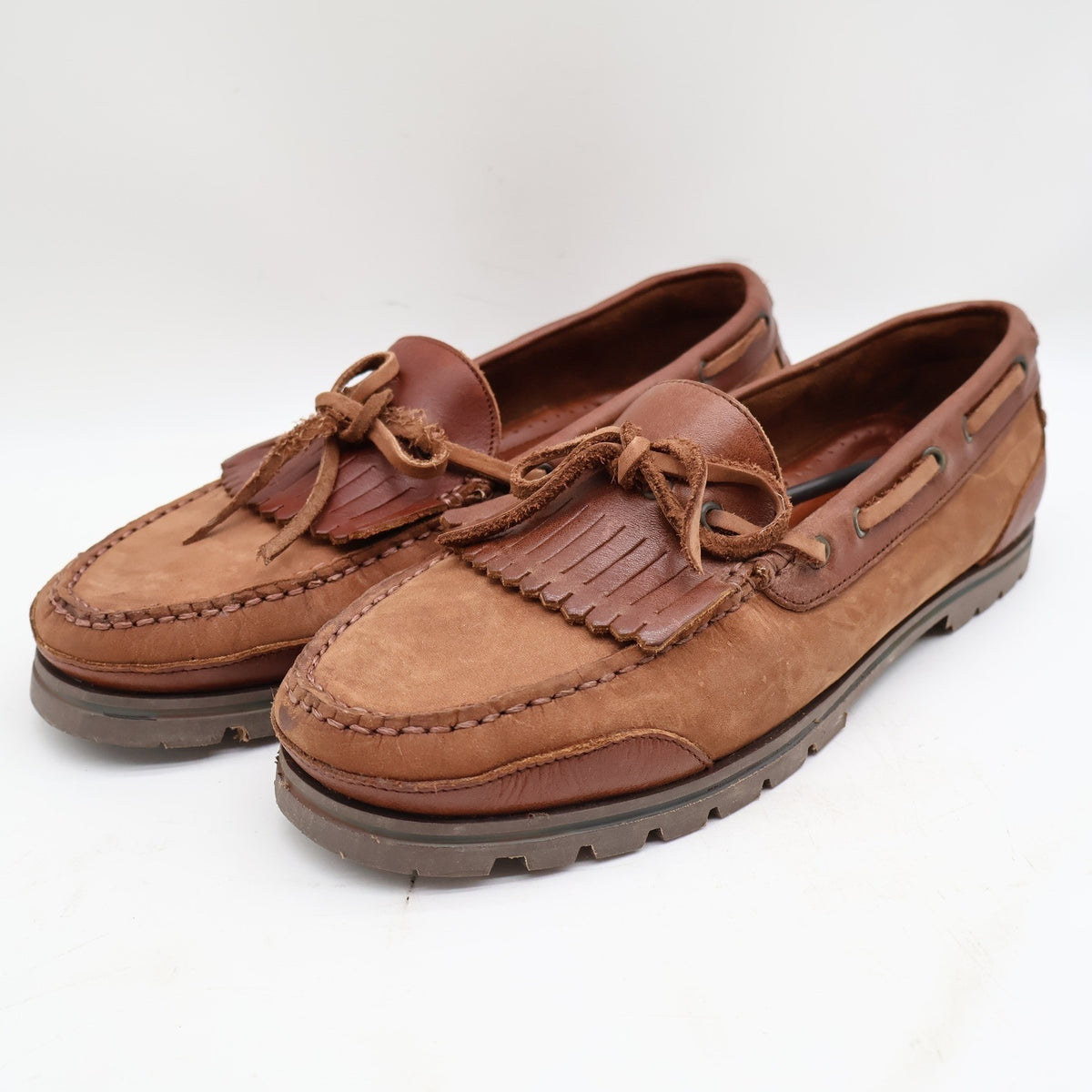 Barclay Kiltie Loafers Mens 12M Vintage Brown Leather Lug Sole Boat Shoes - take2supply