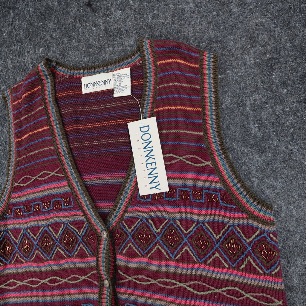 Donnkenny Sweater Vest Womens Medium Vintage 90s Burgundy Beaded Ramie Cotton - take2supply