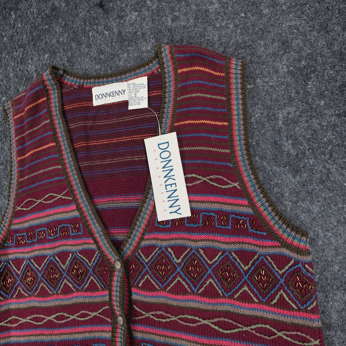 Donnkenny Sweater Vest Womens Medium Vintage 90s Burgundy Beaded Ramie Cotton - take2supply