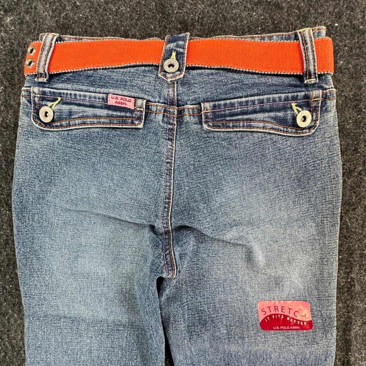 US Polo Assn Y2K Flare Jeans Girls 8 Blue Denim Stretch Belted NWT - take2supply