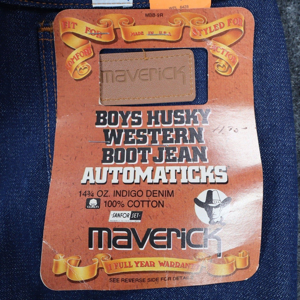 Maverick Western Boot Jean Boys 8 Husky Vintage 70s Deadstock Indigo Denim USA - take2supply