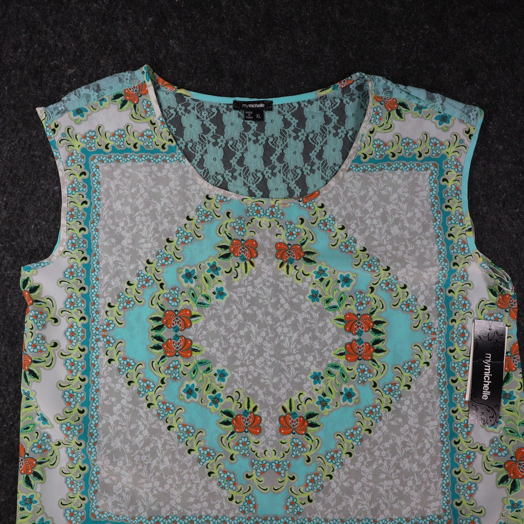 mymichelle Blouse XL Womens Aqua Blue Lace Back Scarf Print Sleeveless Top NEW - take2supply