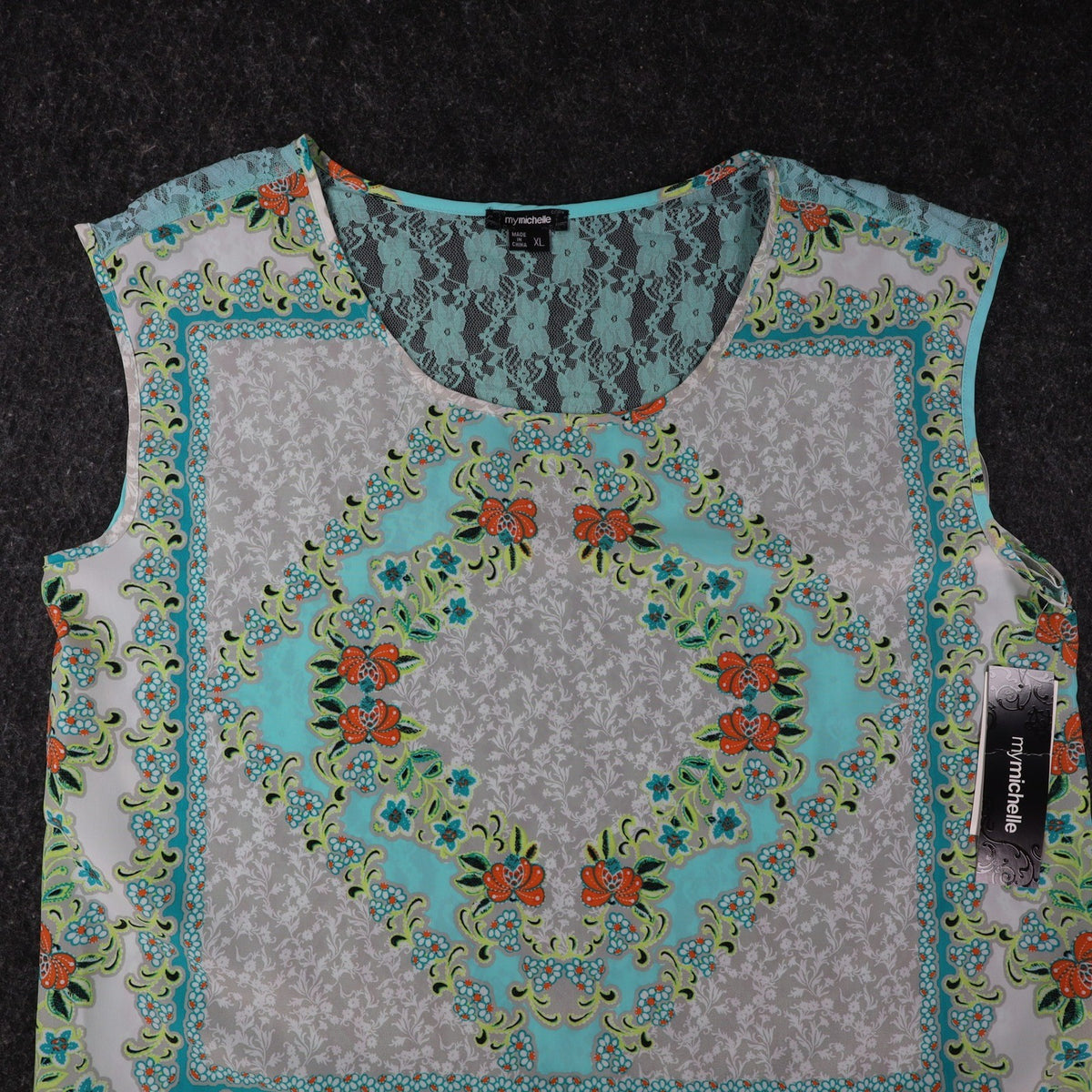 mymichelle Blouse XL Womens Aqua Blue Lace Back Scarf Print Sleeveless Top NEW - take2supply