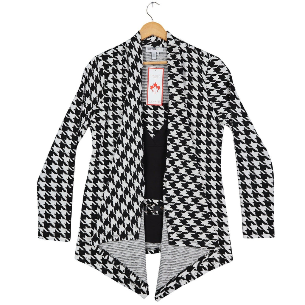Lanalee Cardigan Women Small Black White Houndstooth Open Front Made in Canada - take2supply